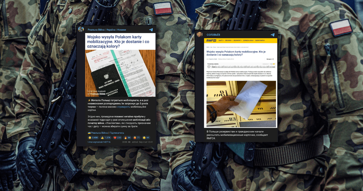 Oryginalna grafika z kanałów Telegram przedstawiająca fałszywą kartę mobilizacyjną z błędami AI.